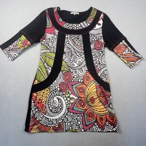 Anna Field Tunic Dress Womens 38 Black Multi Color Psychedelic Floral Boho Mini